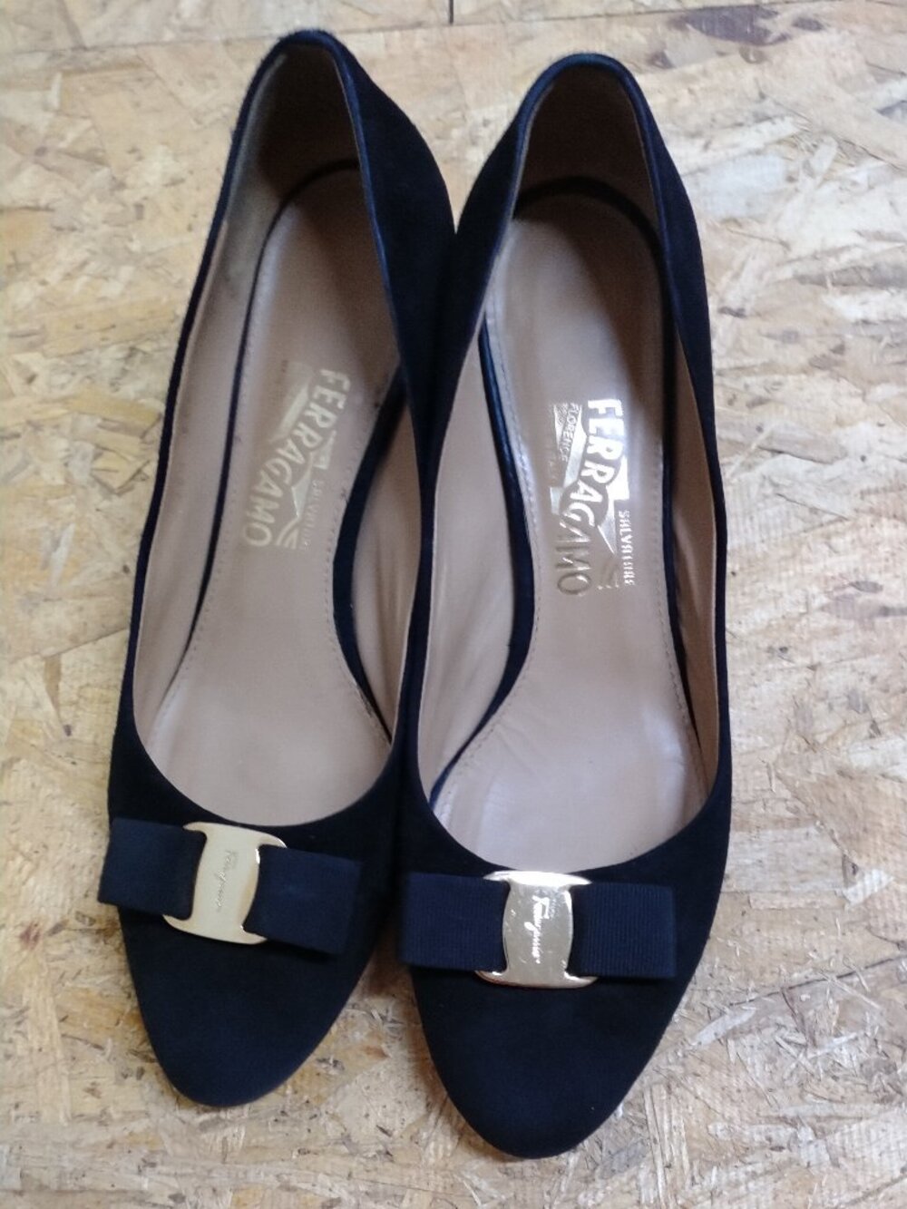 Ferragamo Black Suede Bow Wedge Shoes, 9C